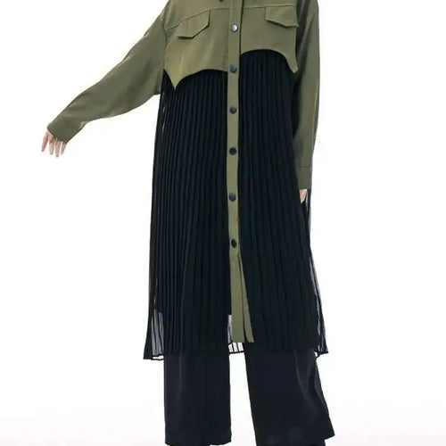Load image into Gallery viewer, Women Army Green Pleated Spliced Big Size Midi Shirt Dress New Lapel Long Sleeve Fashion Tide Spring Autumn 2025 1DH6927
