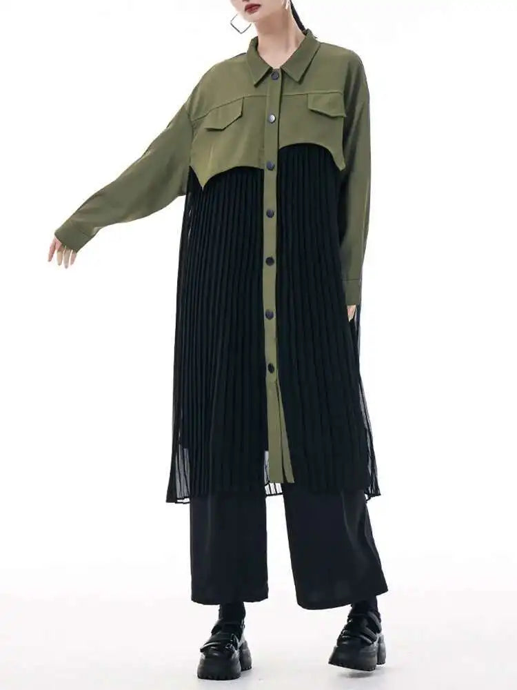 Women Army Green Pleated Spliced Big Size Midi Shirt Dress New Lapel Long Sleeve Fashion Tide Spring Autumn 2025 1DH6927