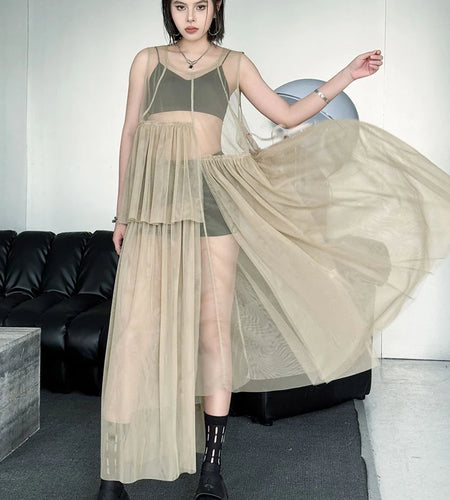 Women Black Khaki Mesh Perspctive Big Size Long Dress New Round Neck Sleeveless Fashion Tide Spring Autumn 2025  1DJ1064