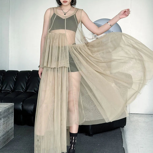 Load image into Gallery viewer, Women Black Khaki Mesh Perspctive Big Size Long Dress New Round Neck Sleeveless Fashion Tide Spring Autumn 2025  1DJ1064
