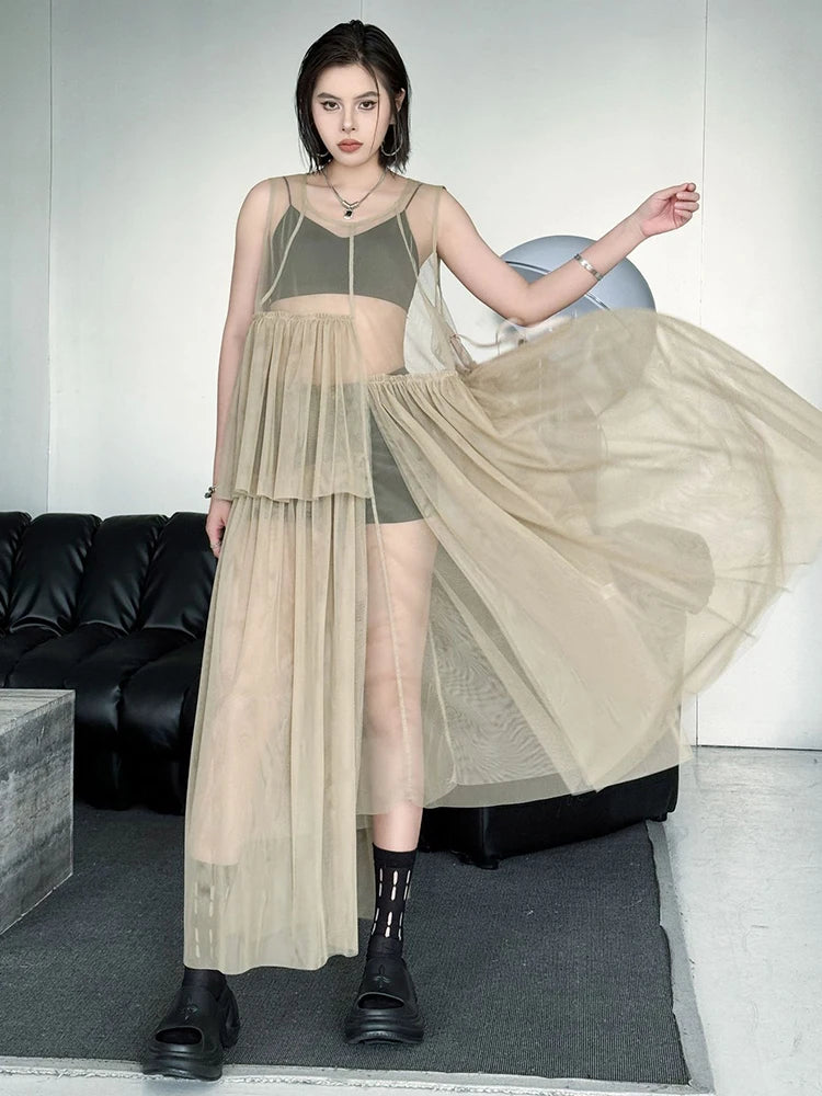 Women Black Khaki Mesh Perspctive Big Size Long Dress New Round Neck Sleeveless Fashion Tide Spring Autumn 2025  1DJ1064