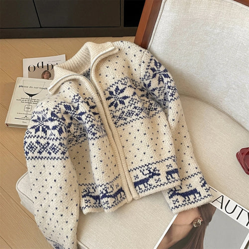 Load image into Gallery viewer, French Autumn Winter Beige Print Elegant Zipper Cardigan Short Sweater Women's Vintage 2024 New Long Sleeved Knitted Tops Trendy
