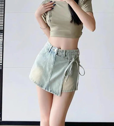 Spring Summer Vintage Fashion Blue Denim Slim Irregular Short Pant Women High Waist Elegant Lace-up Jean Shorts Streetwear Trend