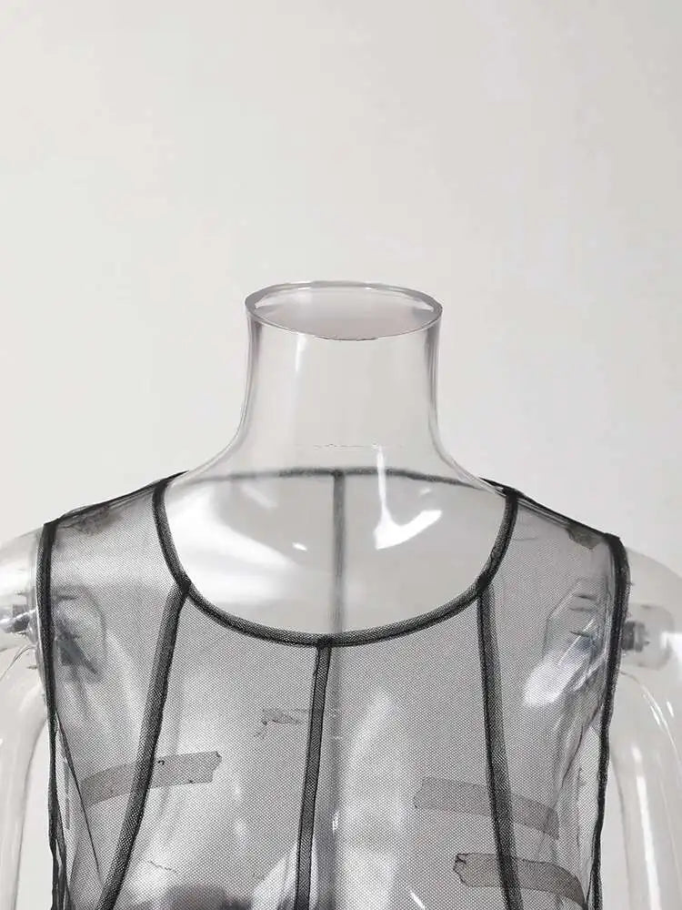 Women Black Irregular Ruffles Mesh Elegant Perspective Dress New Round Neck Sleeveless Fashion Spring Summer 2025 CPDB108