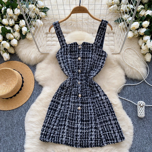 Load image into Gallery viewer, Retro 2024 Autumn Winter New Pink Plaid Woolen Sleeveless Mini Slip Dress Women's Black Button Elegant Short Tweed Dress Popular
