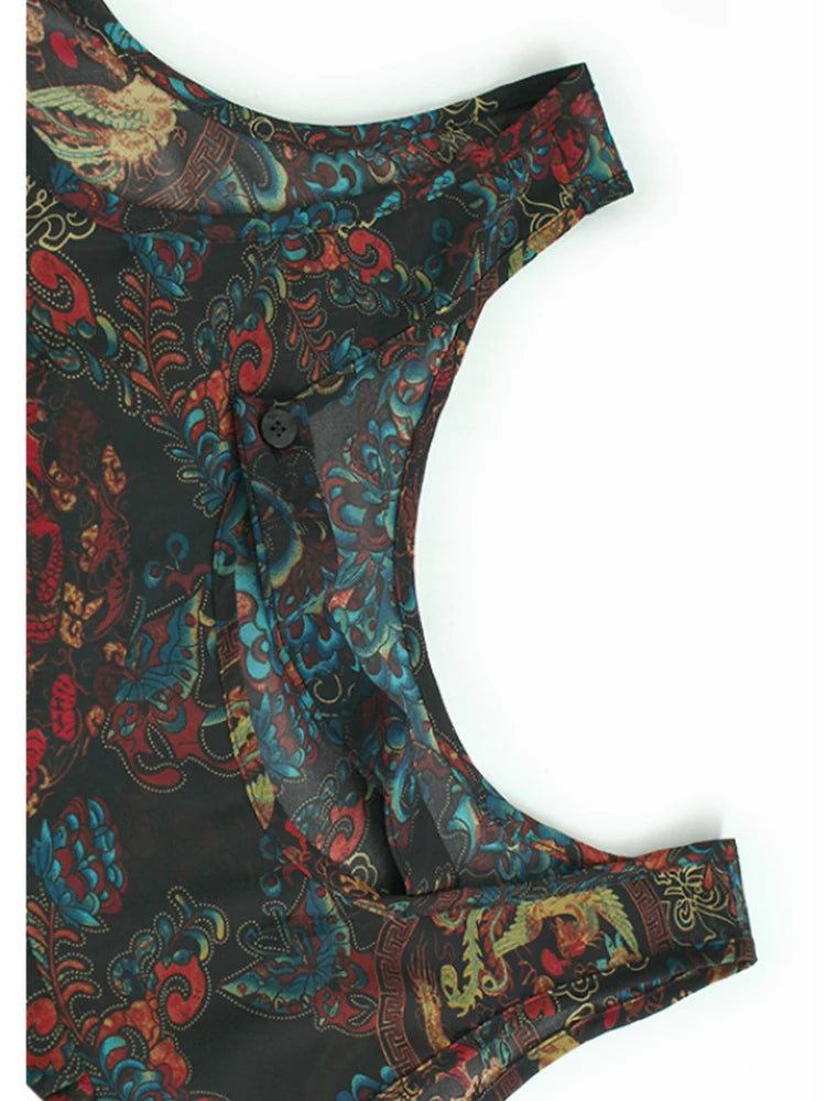 Women Black Pattern Printed Big Size Midi Dress New Round Neck Short Sleeve Fashion Tide Spring Summer 2025 1DJ0298