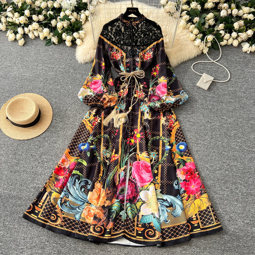 Load image into Gallery viewer, French Retro Women Black Beige Print Patchwork Lace Elegant Long Sleeves Princess Dress Boho Slim Evening Party Dress Spring New
