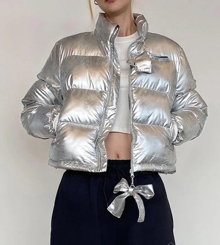 Fashion Silver Bright Winter Jacket Female Bow Zip Up Parka Coat Puffer Turtleneck Autumn Bubble Quilted Overcoat New