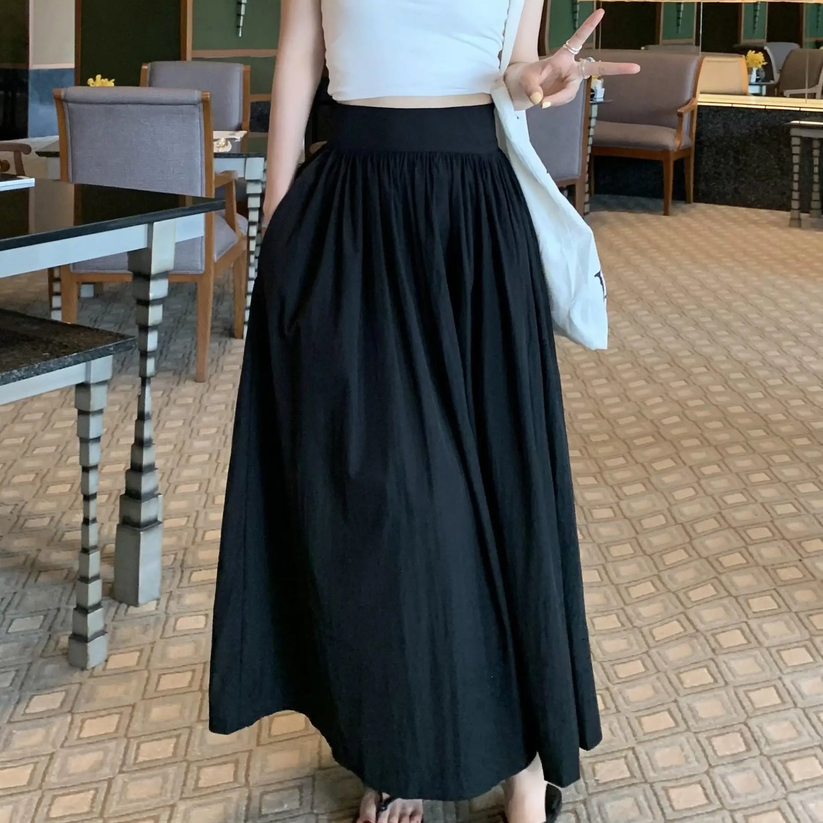 Spring Summer Women Solid Holiday Pleated Half Long Skirts Vintage Elastic High Waist Chic A-line Skirt Simplicity Casual Street