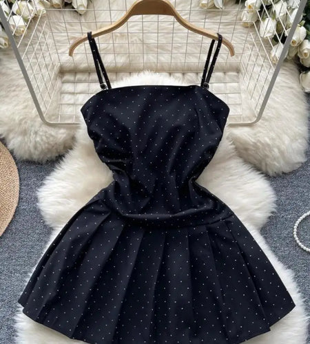Korean Summer Black Diamond Elegant Party Slip Mini Dress Woman 2024 New Gray Slim A-line Sexy Club Backless Pleated Short Dress