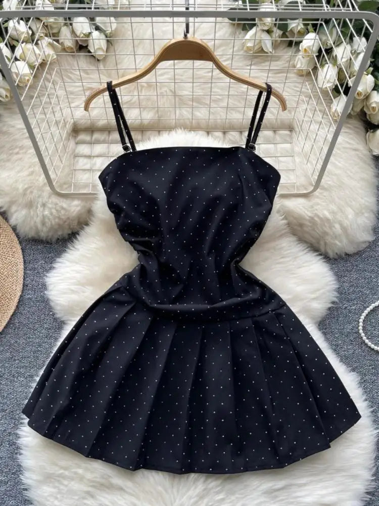Korean Summer Black Diamond Elegant Party Slip Mini Dress Woman 2024 New Gray Slim A-line Sexy Club Backless Pleated Short Dress