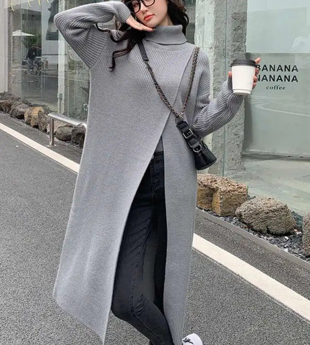 Women Orange Knitting Long Slit Big Size Dress New Turtleneck Long Sleeve Loose Fit Fashion Spring Autumn 2025 1DE5886