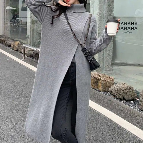 Load image into Gallery viewer, Women Orange Knitting Long Slit Big Size Dress New Turtleneck Long Sleeve Loose Fit Fashion Spring Autumn 2025 1DE5886
