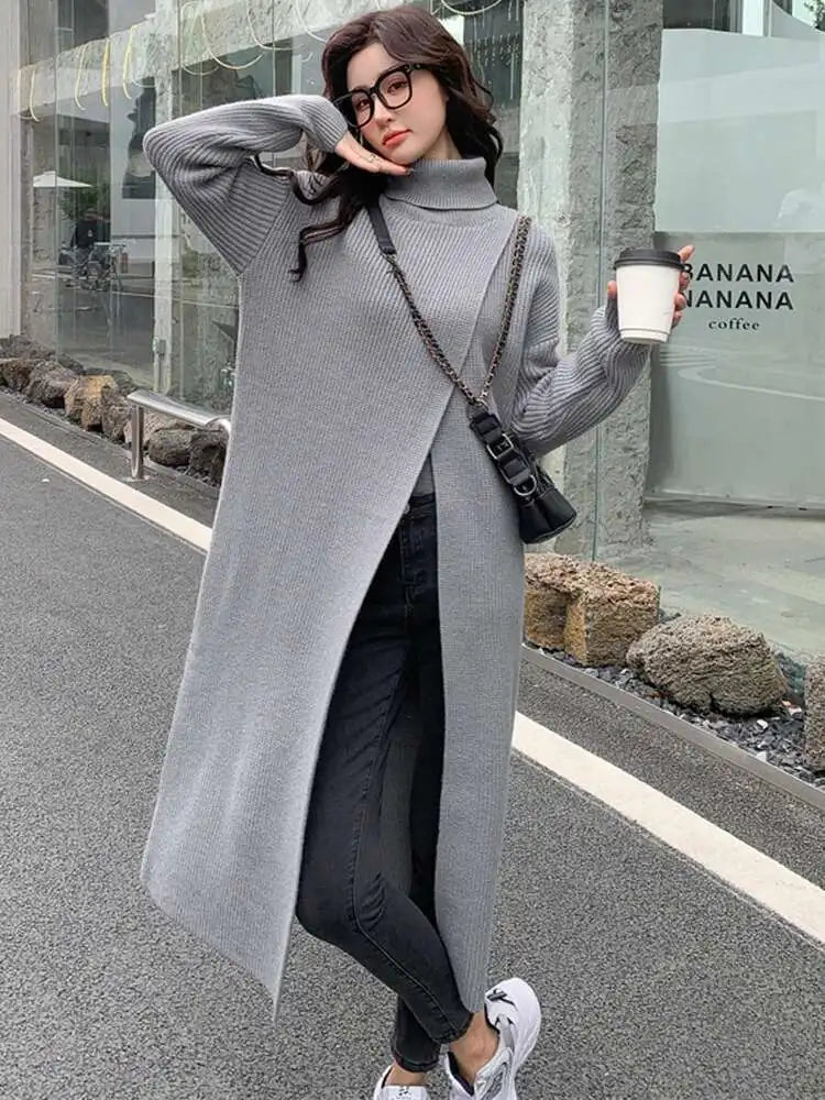 Women Orange Knitting Long Slit Big Size Dress New Turtleneck Long Sleeve Loose Fit Fashion Spring Autumn 2025 1DE5886