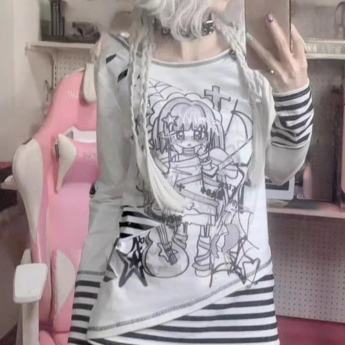 Load image into Gallery viewer, Japanese Harajuku Cartoon Print Tshirts Women Fashion Kawaii Y2k Aesthetic Patchwork Stripe Tees New Sweet Slim Fit T-Shirt Tops
