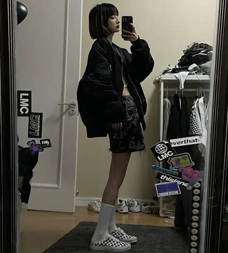 Womens Coats and Jackets Autumn High Street Hip Hop Baseball  Coat Skull Print Loose Jacket Y2K Tops 2025 Grunge