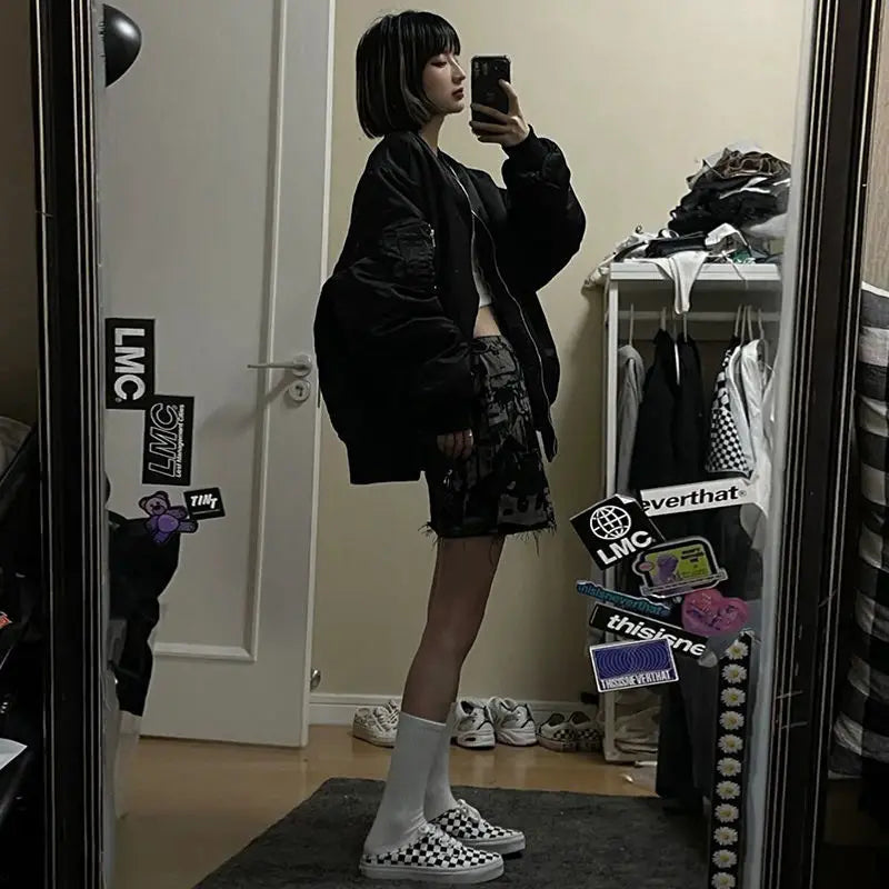 Womens Coats and Jackets Autumn High Street Hip Hop Baseball  Coat Skull Print Loose Jacket Y2K Tops 2025 Grunge