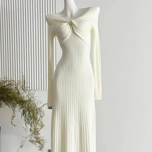 Load image into Gallery viewer, French Women's Autumn Winter White Elegant Slim Knitted Sweater Dress Khaki Red Long Sleeved Office Pleated Dress Fashion Simple
