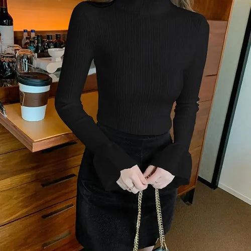 Load image into Gallery viewer, Spring Autumn Korean Black Half High Neck Elegant Slim Long Sleeve Short Top Women White Versatile Knit Sweater Fashion Popular
