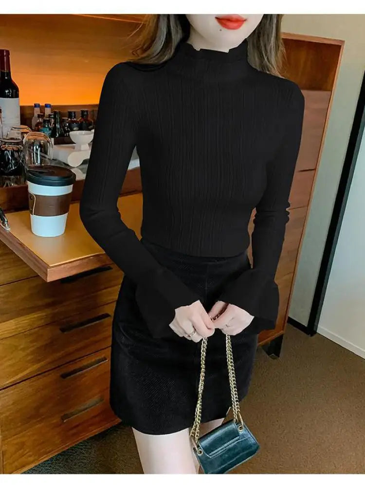 Spring Autumn Korean Black Half High Neck Elegant Slim Long Sleeve Short Top Women White Versatile Knit Sweater Fashion Popular