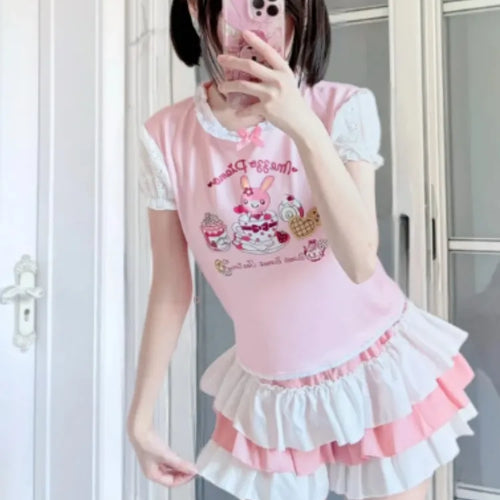 Load image into Gallery viewer, Japanese Kawaii Cartoon Embroidery Y2k Tops Aesthetic Fairy Cute Bow T-shirt Women Harajuku Summer Lace Patchwork Graphic Tees
