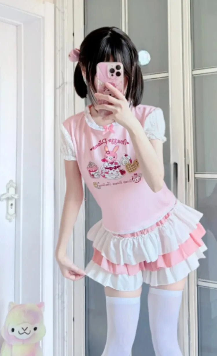 Japanese Kawaii Cartoon Embroidery Y2k Tops Aesthetic Fairy Cute Bow T-shirt Women Harajuku Summer Lace Patchwork Graphic Tees