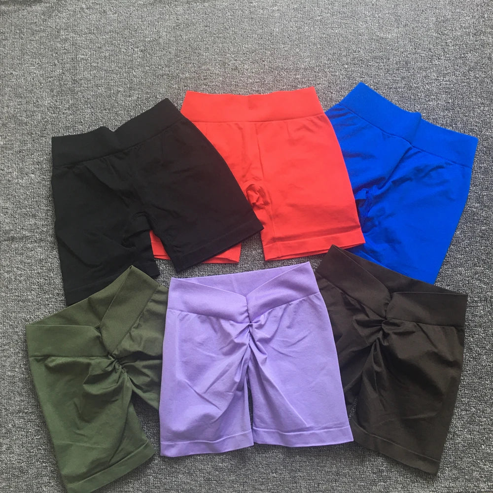 Knit Seamless V Back Yoga Shorts Women Fitness Elastic Scrunch Push Up Sports Running Workout High Waist Shorts