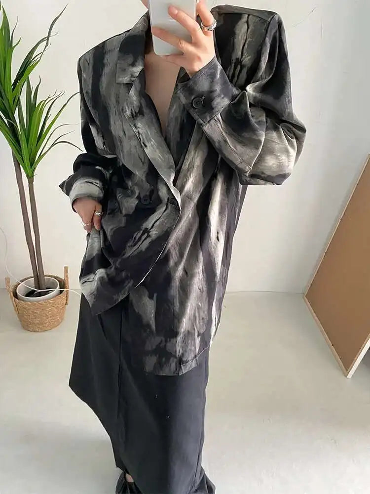 Women Black Tie Dye Should Padded Big Size Blouse New Lapel Long Sleeve Loose Fit Shirt Fashion Spring Autumn 2025 1DF0348