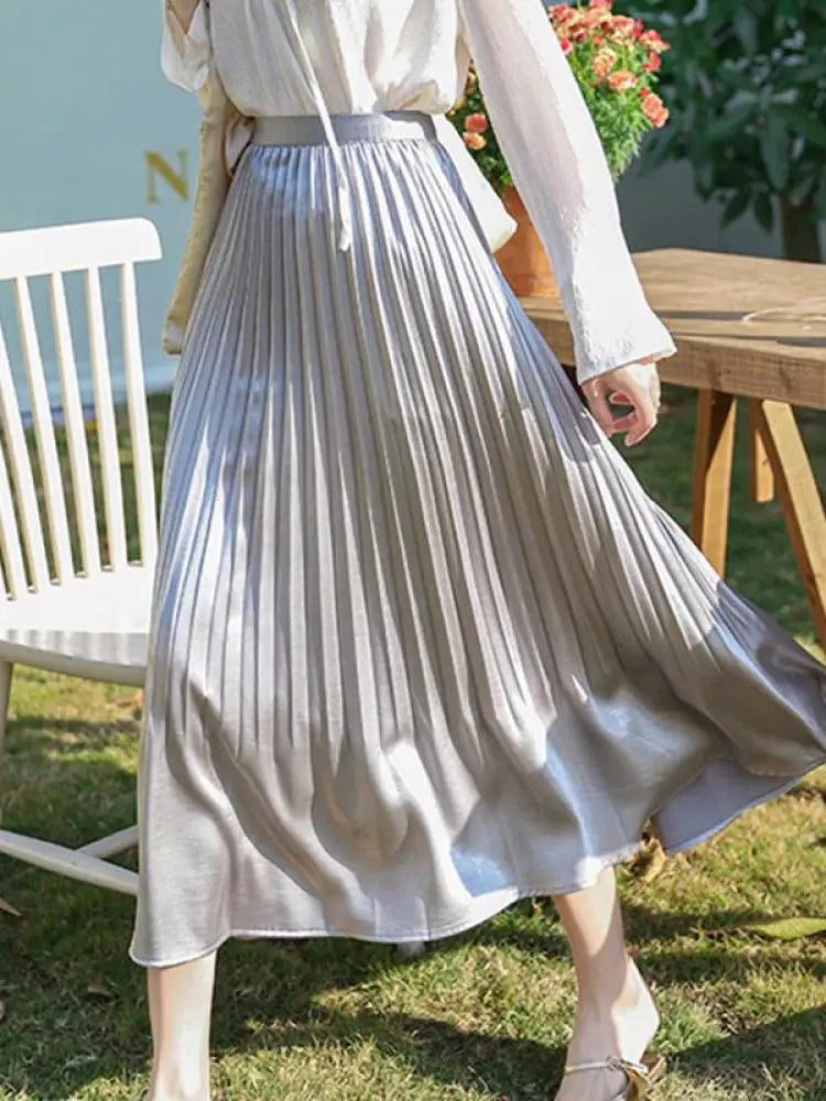 French Fashion Women Solid Elegant Festival Pleated Long Skirt Spring Summer Elastic High Waist Office Lady Skirts Popular Trend