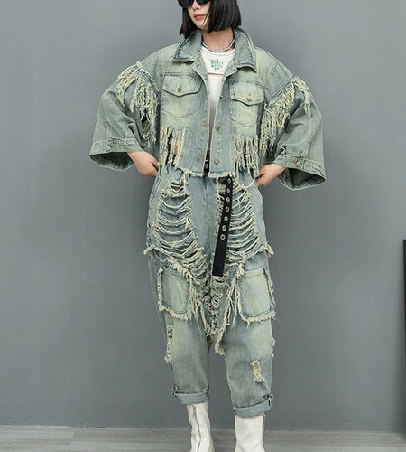 Blue Denim Holes Tassels Big Size Casual Jacket New Lapel Long Sleeve Women Coat Fashion Tide Spring Autumn 2025 1DH9908