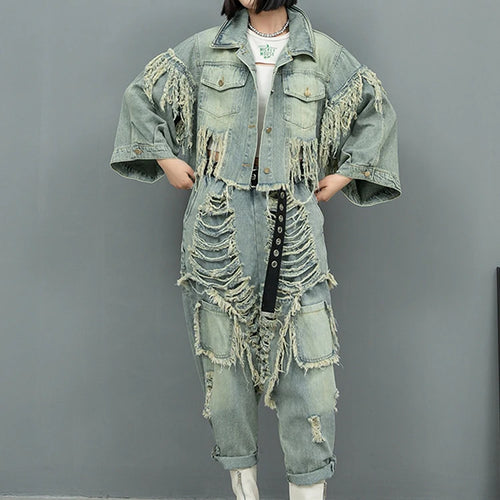 Load image into Gallery viewer, Blue Denim Holes Tassels Big Size Casual Jacket New Lapel Long Sleeve Women Coat Fashion Tide Spring Autumn 2025 1DH9908
