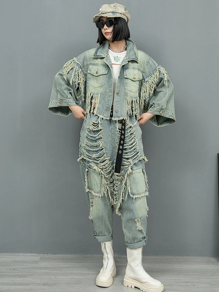 Blue Denim Holes Tassels Big Size Casual Jacket New Lapel Long Sleeve Women Coat Fashion Tide Spring Autumn 2025 1DH9908