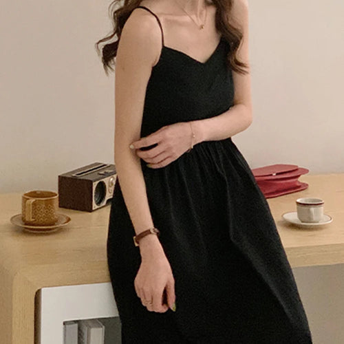 Load image into Gallery viewer, Summer Black Spaghetti Strap Women&#39;s Dresses French Style Backless Ruffles Sleeveless V-neck Solid Color Female Dresses
