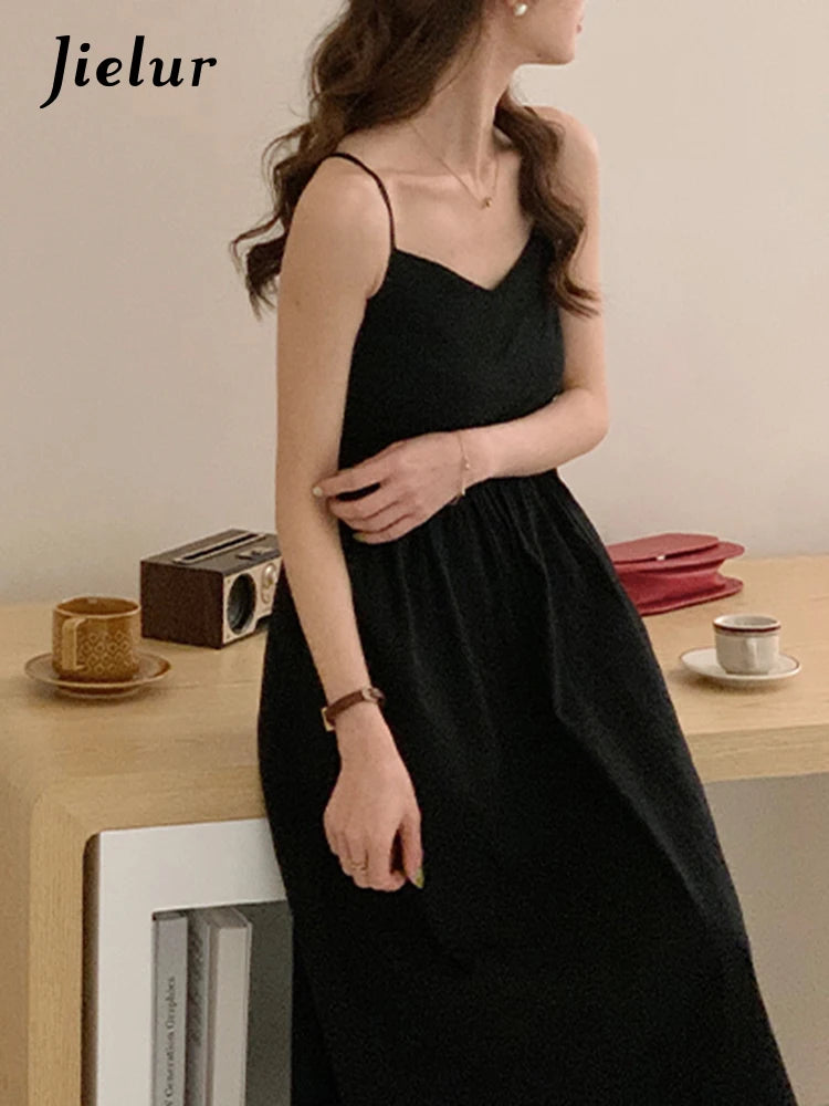 Summer Black Spaghetti Strap Women's Dresses French Style Backless Ruffles Sleeveless V-neck Solid Color Female Dresses