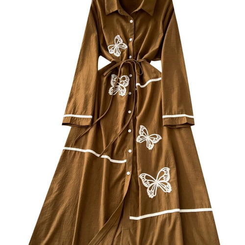 Load image into Gallery viewer, French Women Butterfly Embroidery Elegant Lace-up Shirt Long Dress 2025 Autumn New Retro Long Sleeved Button Holiday Party Dress
