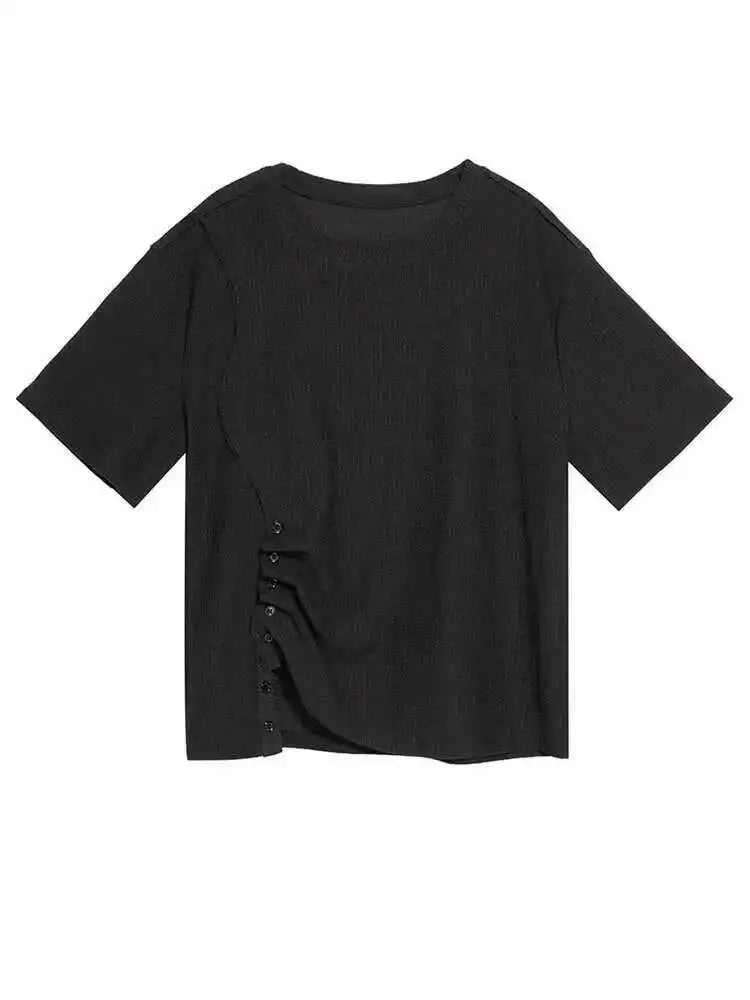 Women White Irregular Pleated Big Size Casual T-shirt New Round Neck Short Sleeve Fashion Tide Spring Summer 2025 1DF8661