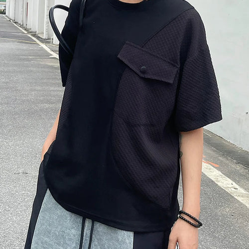 Load image into Gallery viewer, Women Black Splice Color-block Big Size Casual T-shirt New Round Neck Short Sleeve Fashion Tide Spring Summer 2025 1DJ0603

