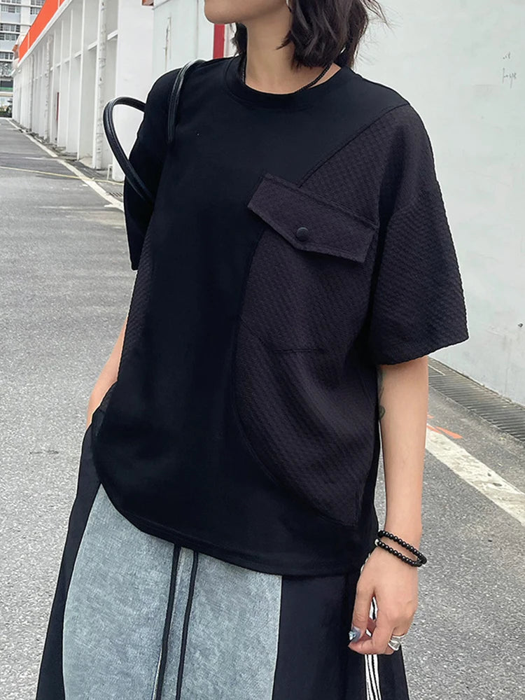 Women Black Splice Color-block Big Size Casual T-shirt New Round Neck Short Sleeve Fashion Tide Spring Summer 2025 1DJ0603