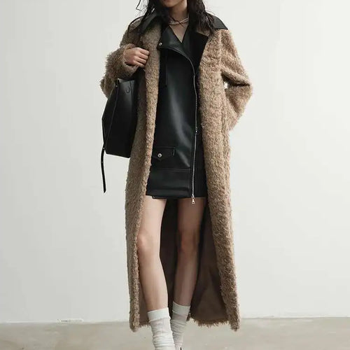 Load image into Gallery viewer, 30% Wool Pu Leather Big Size Long Woolen Coat New Lapel Long Sleeve Women Jacket Fashion Tide Autumn Winter 2025 1DH7519
