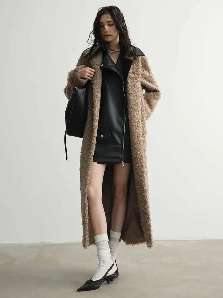 30% Wool Pu Leather Big Size Long Woolen Coat New Lapel Long Sleeve Women Jacket Fashion Tide Autumn Winter 2025 1DH7519