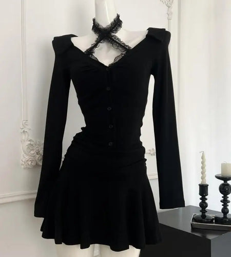 French 2024 Black V Neck Halter Elegant Single Breasted Birthday Party Short Dress Women Office Sexy Club Pleated Evening Dress