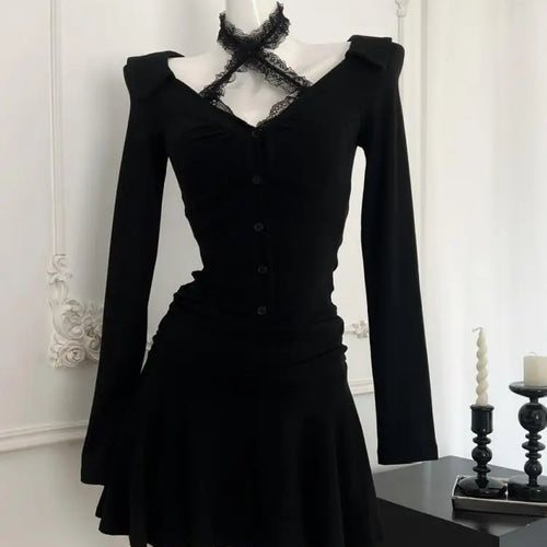 Load image into Gallery viewer, French 2024 Black V Neck Halter Elegant Single Breasted Birthday Party Short Dress Women Office Sexy Club Pleated Evening Dress
