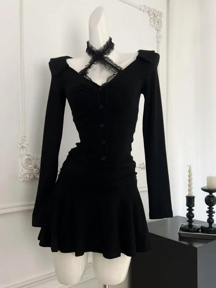 French 2024 Black V Neck Halter Elegant Single Breasted Birthday Party Short Dress Women Office Sexy Club Pleated Evening Dress