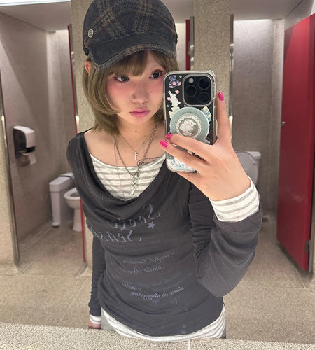 Japanese Y2k Fake Two-piece Tops 2000s Style Letter Print Long Sleeve T-shirt Vintage Harajuku Patchwork Tops Korean 90s