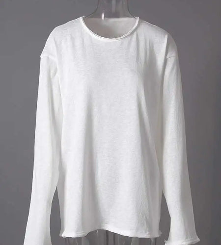 Women White Black Plain Big Size Casual T-shirt New Round Neck Long Sleeve Fashion Tide Spring Autumn 2025 CPG2856