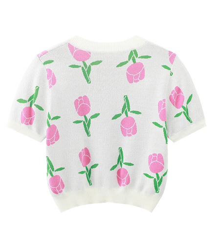 Summer Hot drilling Floral Knitted Cardigan Women's Single-breasted V-neck Short-sleeved Cropped Sweater Lady Knitwear B-075