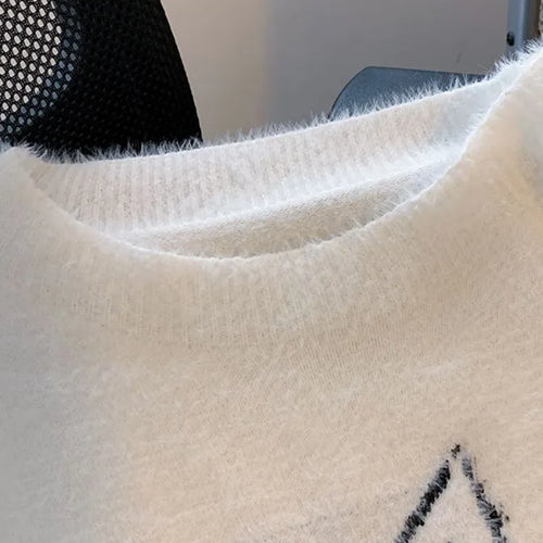 Load image into Gallery viewer, Vintage Preppy Kawaii Cartoon Jacquard Pullovers Sweet Harajuku Loose Grunge Jumpers Y2k Aesthetic Women White Knitted Sweaters
