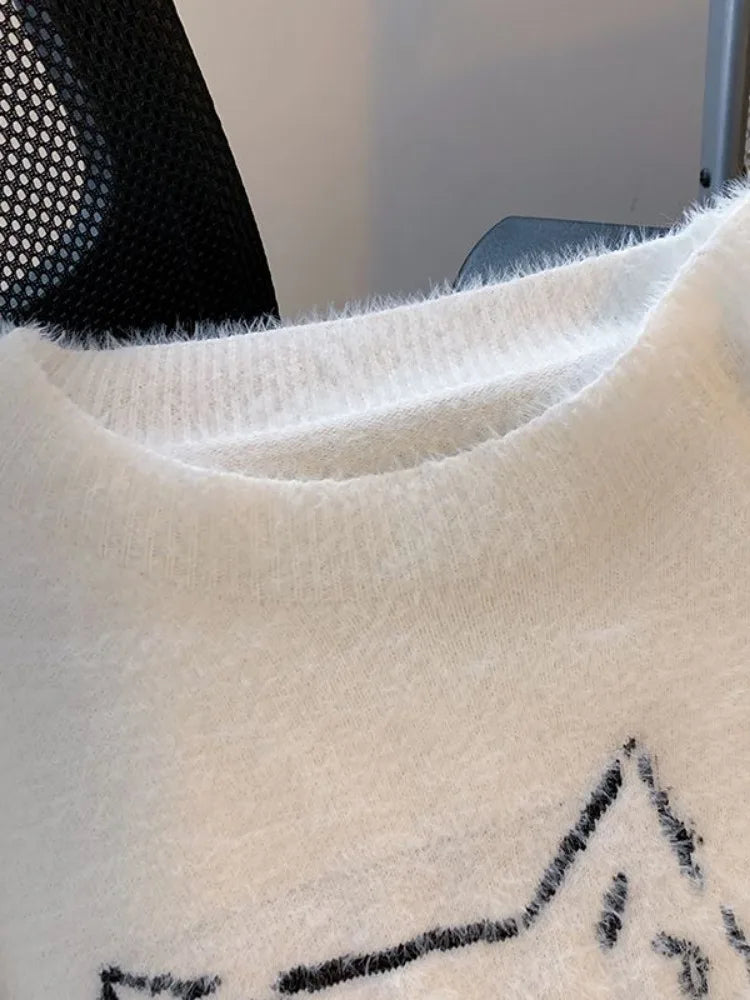 Vintage Preppy Kawaii Cartoon Jacquard Pullovers Sweet Harajuku Loose Grunge Jumpers Y2k Aesthetic Women White Knitted Sweaters