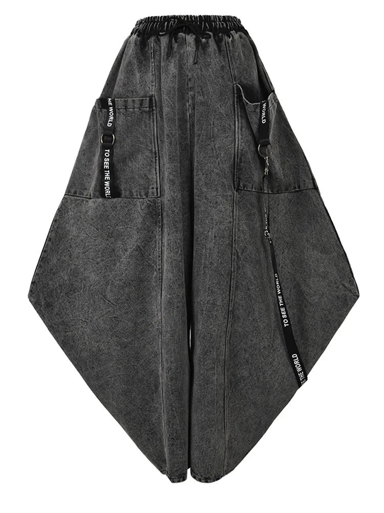 High Elastic Waist Pocket Split Long Denim Wide Leg Trousers New Loose Fit Pants Women Fashion Spring Autumn 2025 1D202