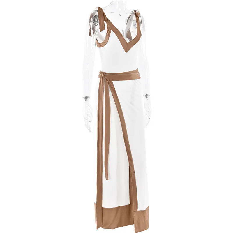 Patchwork Backless Sexy Maxi Dress  Women Fashion Spaghetti Strap V Neck Sleeveless High Split Sexy Long Dress Elegant